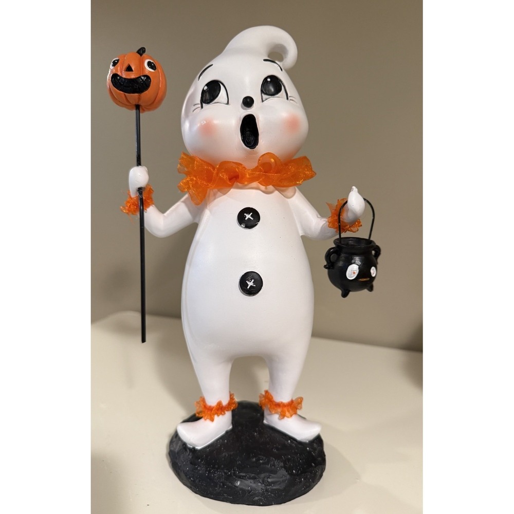 Ghoulish Halloween Ghost Figurine Vintage Style Clown Ruffle Pumpkin